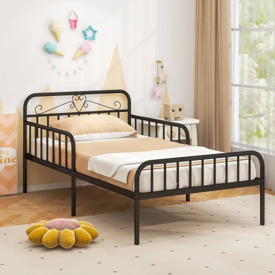 Twin Size Metal Bed Frame with Headboard Included Safety Side Guardrails Black {1}