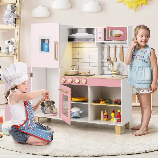 Wooden Pretend Play Kitchen with Ice Maker Range Hood and Blackboard-Pink {2}