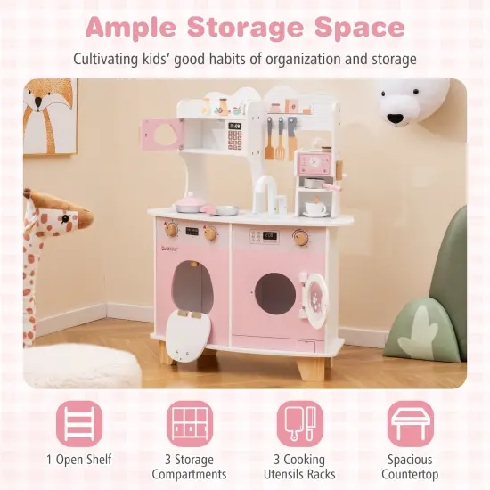 Wooden Kids Kitchen Playset with Coffee Maker for kids-Pink {5}