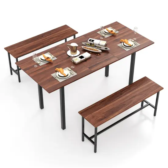 Modern Wooden 3 Piece Dining Table Set for 4-6 with 2 Benches &ndash; Sturdy, Space-Saving Design Walnut {4}