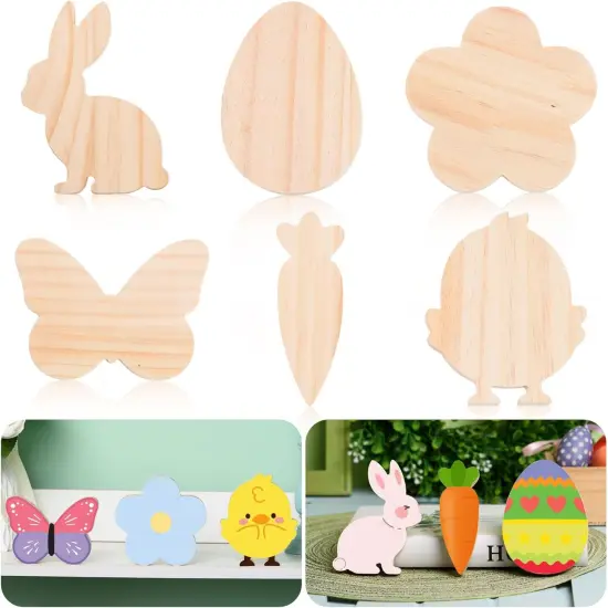 12 Pcs Easter Wooden Cutouts Unfinished Easter Shaped Table Sign Easter Standing Wooden Centerpieces Unpainted Easter Wood Blocks for DIY Crafts School Art Projects Easter Spring Decor,6 Style {1}