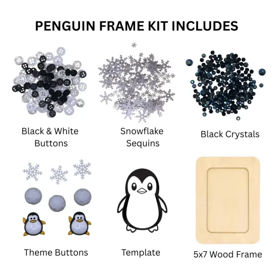 Winter Wonderland Penguin Button Art Kit, DIY Craft Frame with Snowflakes, Black and White Design, Wooden Frame, Holiday Decor {2}
