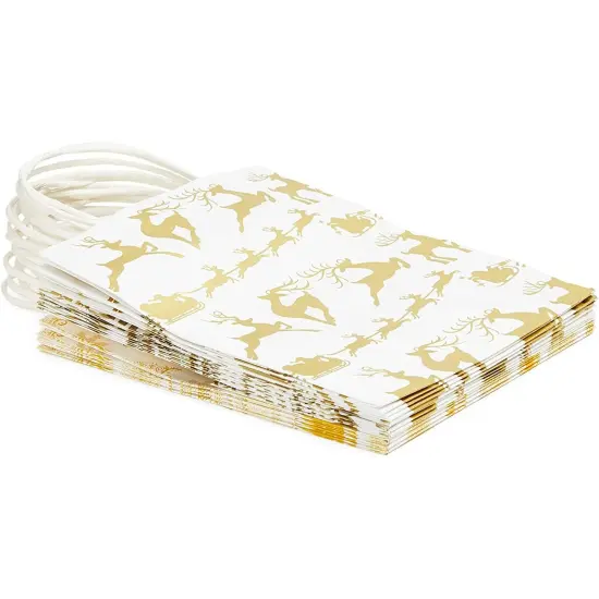 15 Pack Christmas Gift Bags with Handle Set, Includes 24 Tissue Paper Sheets, 10x8 inch Party Favor Bags for Xmas Gift Wrapping (3 Gold Foil Print Designs) {3}