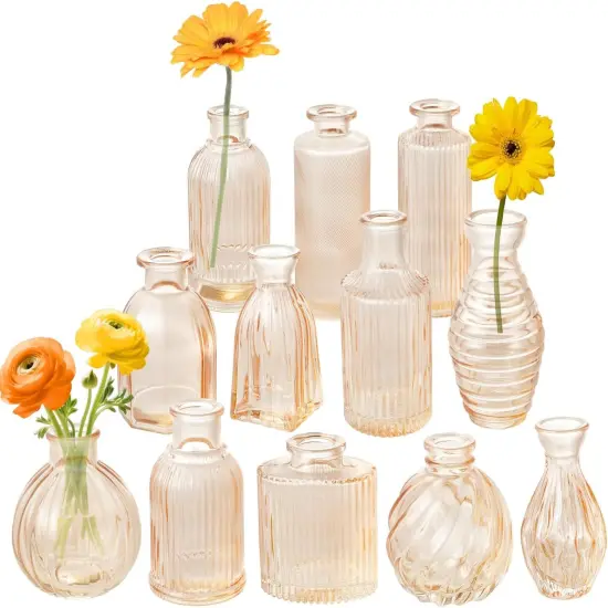 Set of 12 Small Glass Bud Vases Ribbed Modern Vintage Flower Vases {1}