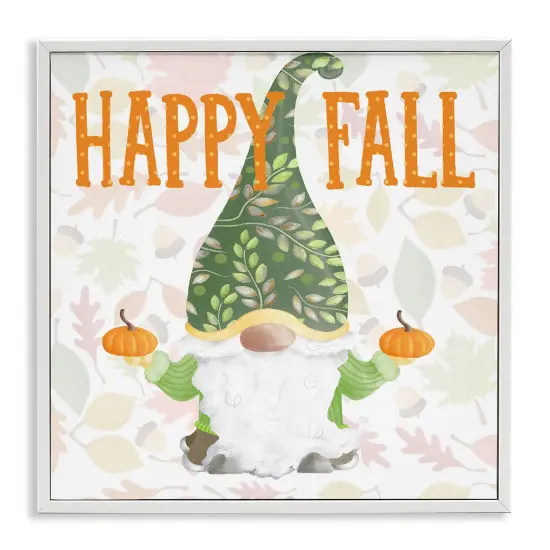 Happy Fall Patterned Gnome Holding Orange PumpkinsFramed Giclee Art White {1}