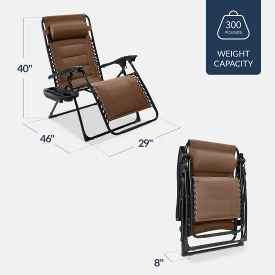 Best Choice Products Oversized Padded Zero Gravity Chair, Folding Outdoor Patio Recliner w/ Side Tray Dark Brown {2}