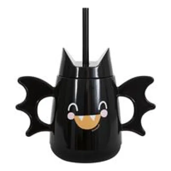 Groovy Halloween Bat-Shaped Reusable 16oz Plastic Tumbler with Straw {1}