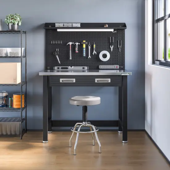 Seville Classics UltraHD Lighted Workcenter w/ Stainless Steel Top and Pegboard Granite {7}