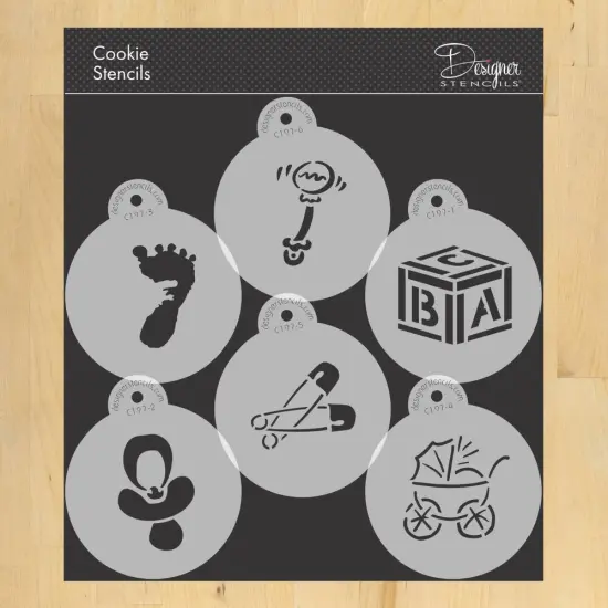 3-Inch Large Baby Cookie & Cupcake Stencils: Baby Carriage, Rattle, Pacifier, Block, Diaper Pins, Footprint | C197 by Designer Stencils | Cookie Decorating Tools | {1}