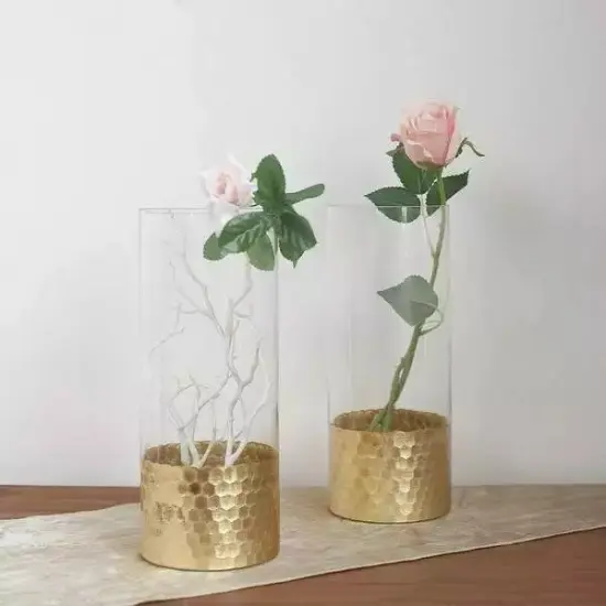 6 pcs 12" tall Clear Gold Glass Cylinder Honeycomb Vases Wedding Centerpieces {1}