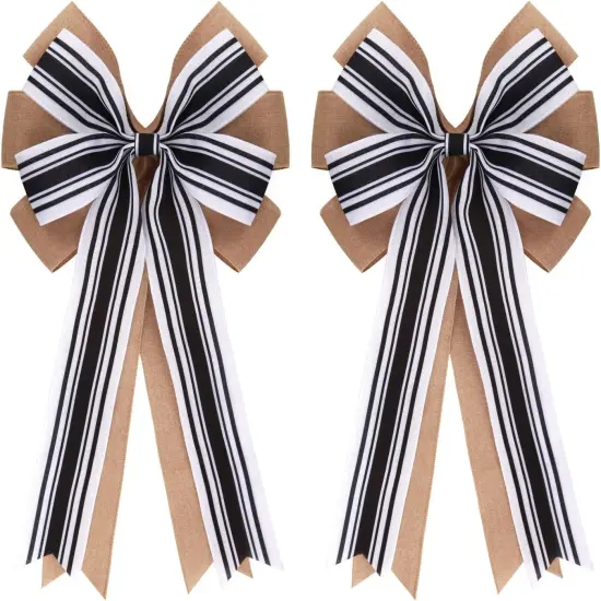 2 Pcs 20 x 10 Inch Large Double Burlap Bows Black and White Farmhouse Striped Wreaths Bow for Gift Wrapping Tree Topper Front Door Home Decorations {1}