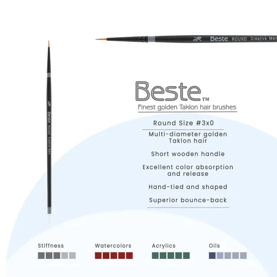 Creative Mark Beste Golden Taklon Round #3x0 Pack of 3 Artist Brushes, Professional Watercolor Brushes, For Acrylic Painting, Short Handle, Sharp Edges, Hand-Tied & Shaped {3}