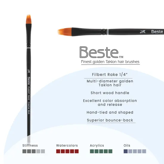 Creative Mark Beste Golden Taklon Filbert Rake 1/4" Artist Brush, Professional Watercolor Brushes, For Acrylic Painting, Short Handle, Sharp Edges, Hand-Tied & Shaped {3}