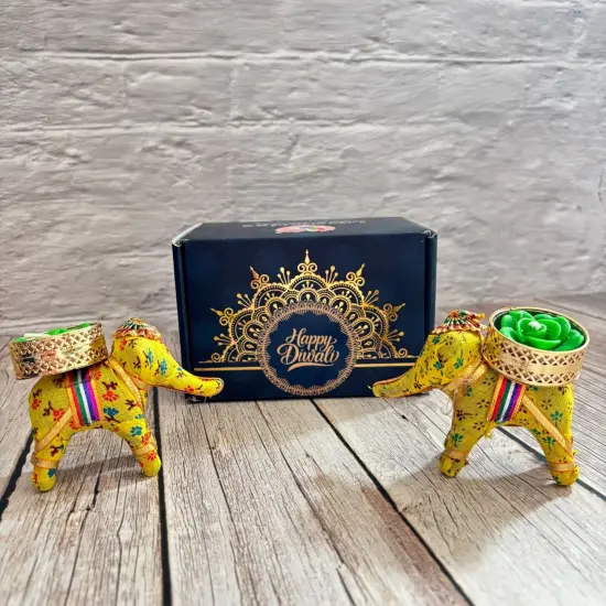 Diwali Gift Hamper Elephant Candle Holder Happy Diwali Stickers Custom Gifts Boxes Handmade Indian Festival Deepawali Hamper for Employees Home Office Friends Family - Return Gift Items Green {6}