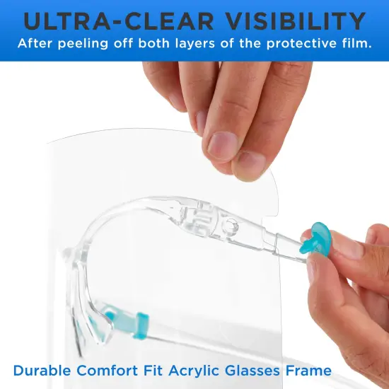 Safety Face Shields with Glasses Frames (Pack of 25) - Ultra Clear Protective Full Face Shields to Protect Eyes, Nose, Mouth - Anti-Fog PET Plastic {5}