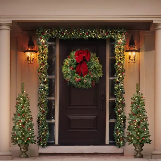 Haute Decor Classic 30-inch Pre lit Christmas Wreath for Front Door - Large Size Door Wreath with Warm White Energy-Efficient LED Lights on Battery Operated Automatic Timer {3}