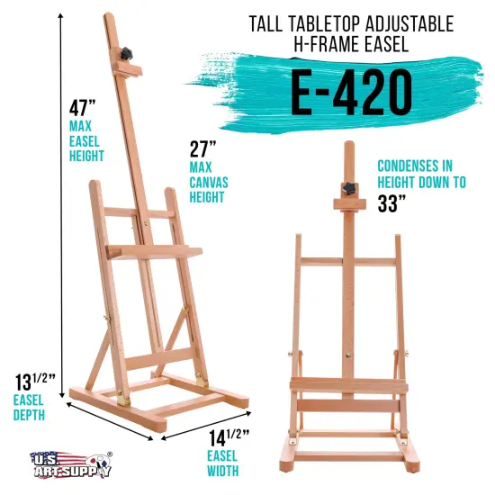 Medium Wooden H-Frame Studio Tabletop Easel - Adjustable Stand, Holds Up To 27" Canvas, Portable Table Top Easel for Painting {2}