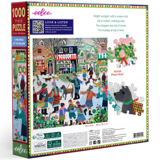 eeBoo Piece & Love: Christmas in the Square - 1000 Piece Puzzle, 23" Square Adult Jigsaw, Cozy Small Town Holiday Winter Scene, Image Reference Insert {3}