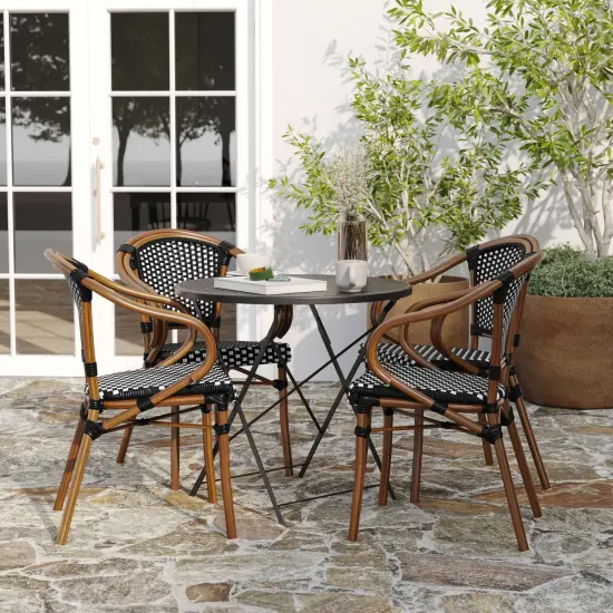 Merrick Lane Sacha Set of Four Stacking Thonet Bistro Style Chair with Arms, PE Rattan Seat, and Bamboo Metal Frame for Indoor/Outdoor Use Black&White/Natural {3}