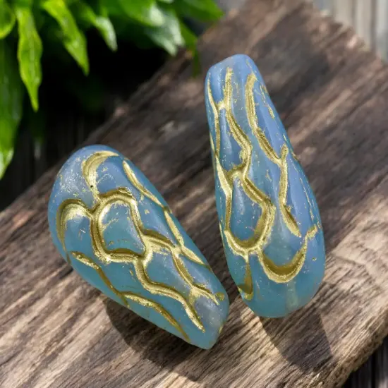 *6* 25x12mm Gold Washed Blue Aqua Opal Mermaid Scale Large Drop Beads {2}