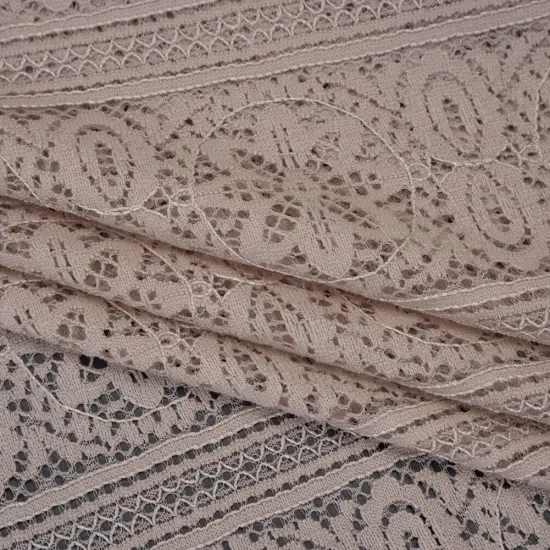 1 Yard Taupe Re-Embroidered Lace Fabric Floral Medallion Stripes Finished Edge Sheer 50 Inch Width {1}