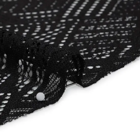 1 Yard Black Raschel Lace Fabric Geometry Leaves Organic Edge Sheer Nylon 54 Inch Width {3}
