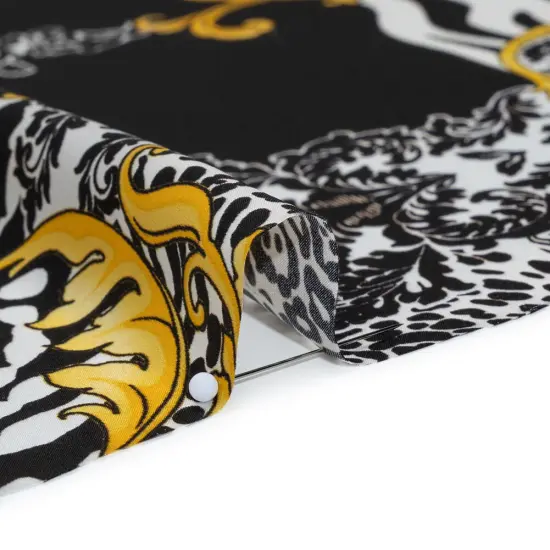 1 Yard Black, White, Yellow & Gold Floral Scrolls Silk Charmeuse Print, 53 Inches Width {3}