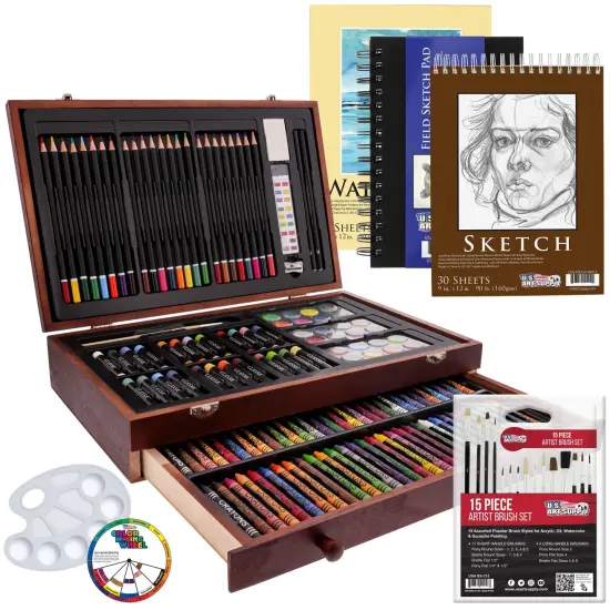 U.S. Art Supply 162-Piece Deluxe Mega Wood Box Art Painting & Drawing Set - Artist Painting Pad, 2 Sketch Pads, Watercolors, Colored Pencils, Crayons {1}