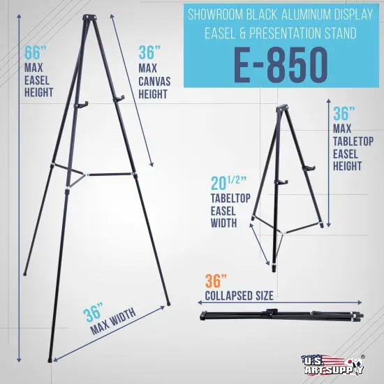 66" High Black Metal Display Easel - Large Adjustable Height Portable Easel Stand, Sign Display, Holds 25 lbs - Floor & Tabletop Easels, Painting Stand {2}