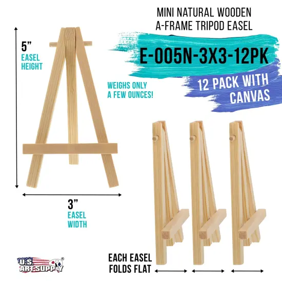 3" x 3" Stretched Canvas with 5" Mini Easel Kit (12 Pack) - Natural Wooden A-Frame Tabletop Display Stand, Mini Easel Stand - Small Easels for Display, Small Canvases, Crafts, Photos {2}