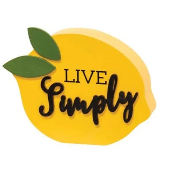 Yellow Wood Lemon-Shaped Sitter with Green Leaves and Live Simply Text {1}