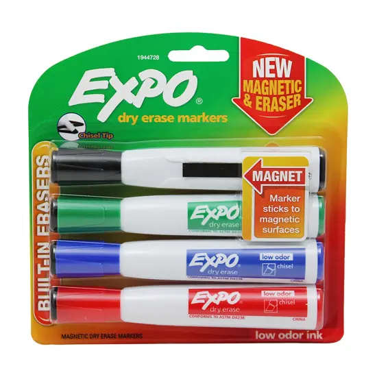 Magnetic Dry Erase Markers with Eraser, Chisel Tip, Assorted, 4-Count {1}