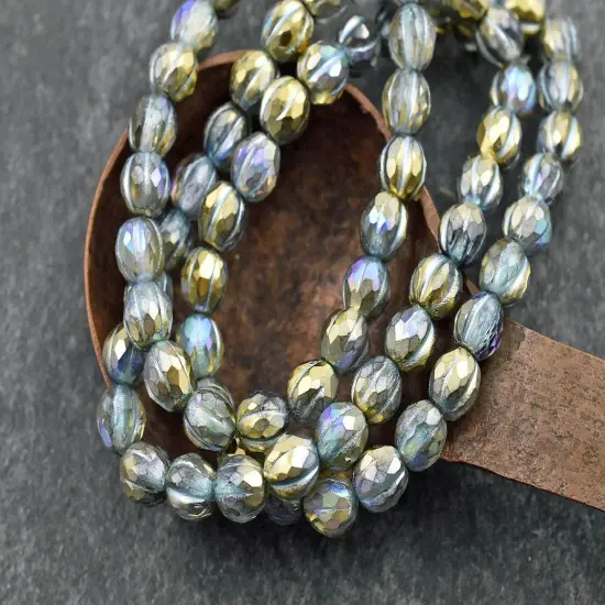 *25* 6mm Turquoise Washed Gold Lustered Crystal Faceted Round Melon Beads {1}