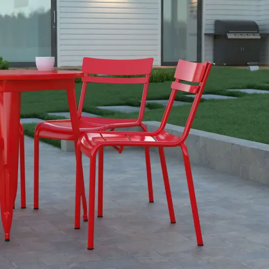 Emma and Oliver Rennes Armless Powder Coated Steel Stacking Dining Chair with 2 Slat Back for Indoor-Outdoor Use {6}