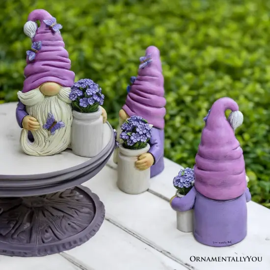 Garden Grace Lavender Gnome Figurine, 10"Purple Home Decor Statue with Butterflies and Flowers {6}