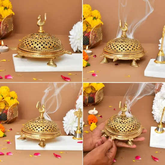 Brass Peacock Incense Dhoop Burner Aroma for Prayer Puja Meditation Spiritual Events Dhoopam for Havan Rituals - Diwali Decoration Loban Dhoop Dani for Temple Home Office (4.7x5.1 Inches) {4}