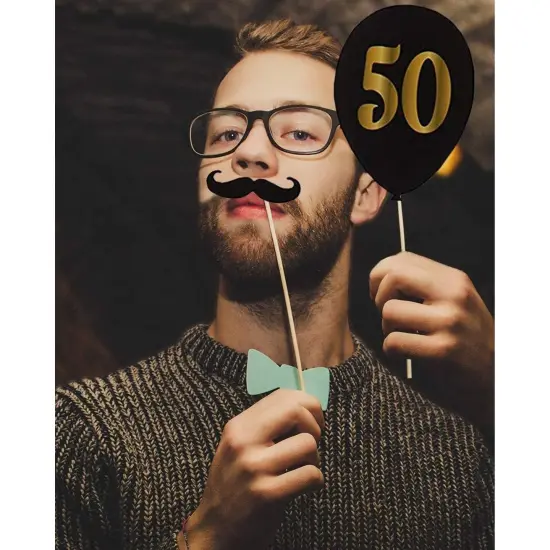 50th Birthday Photo Booth Props - 60-Pack Birthday Party Supplies, Selfie Props, Party Favors for Cocktail Parties, Black and Gold {2}
