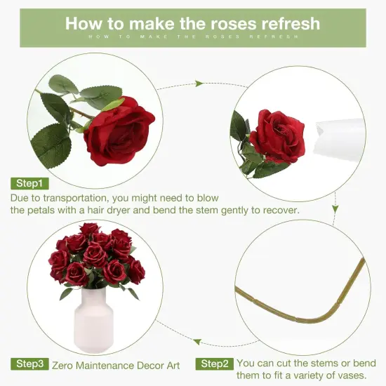 60 PCS Artificial Silk Flowers Realistic Faux Roses Real Touch Plastic Bouquet Long Stem {2}