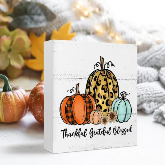 Thankful Grateful Blessed Pumpkin Wood Box Sign Table Decor {2}
