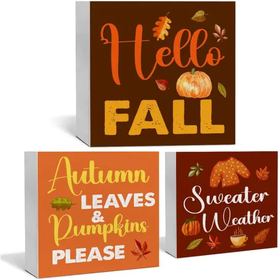 3 Pcs Hello Fall Wood Signs Tabletop Decor {1}
