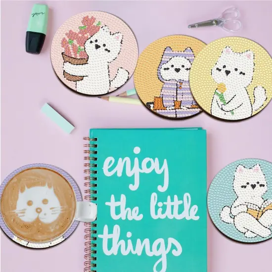 6 Pcs 5D Diamond Painting Coasters Kits with Holder,Diamond Art Coasters Set for Drinks Coffee Table, Diamond Painting kit for Beginners Adults DIY Art Craft Gifts Home Decors (Boho) (cat) {3}