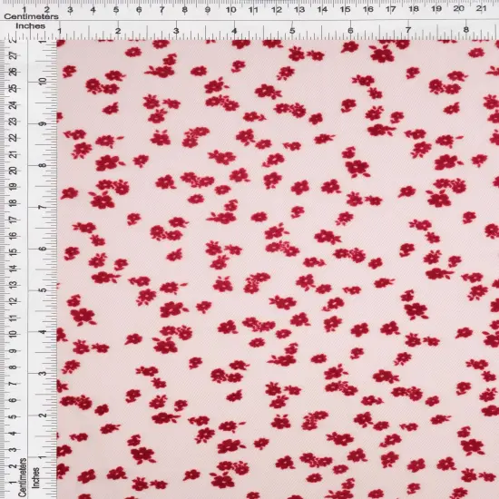 1 Yard Floral Flocking Mesh Fabric, 56/57&Prime; Wide Polyester Spandex Blend RED {5}
