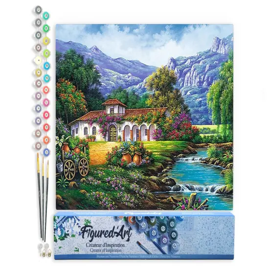 Figured'Art Paint by Numbers Kit for Adults Quiet house near the river 16"x20" - Craft Art Painting DIY Kit Rolled Canvas without frame {1}