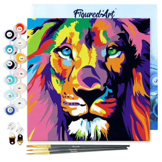 Figured'Art Mini Paint by Numbers Kit for Adults with Frame Lion Pop Art Small format 8"x8" - Craft Art Painting DIY Canvas Already Stretched on a Wooden Frame {1}