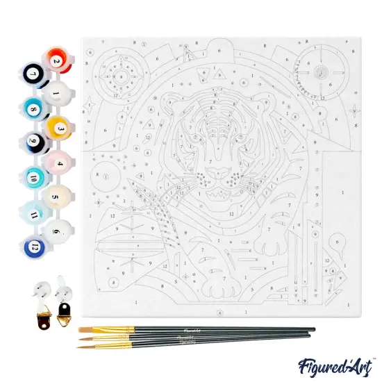 Figured'Art Mini Paint by Numbers Kit for Adults with Frame Tiger Art-Deco Inspired Abstract Small format 8"x8" - Craft Art Painting DIY Canvas Already Stretched on a Wooden Frame {4}