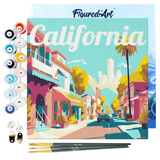 Figured'Art Mini Paint by Numbers Kit for Adults with Frame Travel Poster California Street Small format 8"x8" - Craft Art Painting DIY Canvas Already Stretched on a Wooden Frame {1}