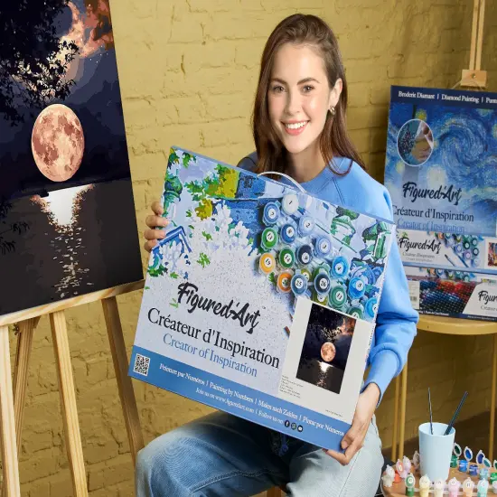 Figured'Art Paint by Numbers for Adults with Frame Moon Reflection on the Lake 16"x20" - Craft Art Painting DIY Kit Canvas Already Stretched on a Wooden Frame {2}