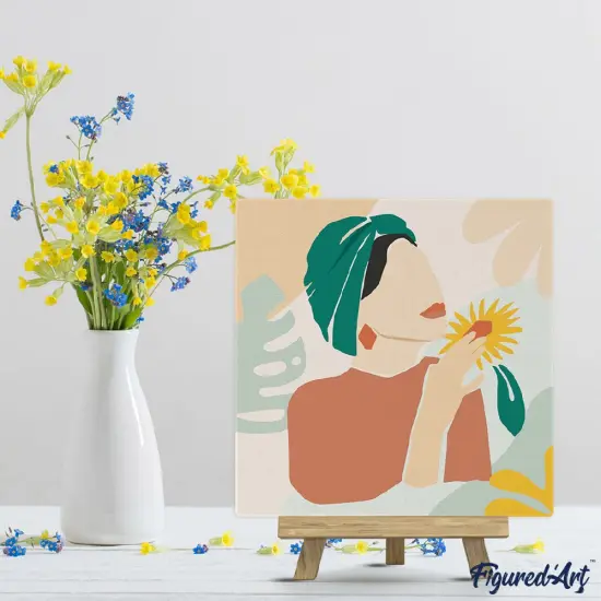 Figured'Art Mini Paint by Numbers Kit for Adults with Frame Abstract Woman in Green Turban Small format 8"x8" - Craft Art Painting DIY Canvas Already Stretched on a Wooden Frame {2}