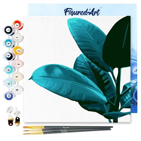 Figured'Art Mini Paint by Numbers Kit for Adults with Frame Rubber Plant Leaves Small format 8"x8" - Craft Art Painting DIY Canvas Already Stretched on a Wooden Frame {1}