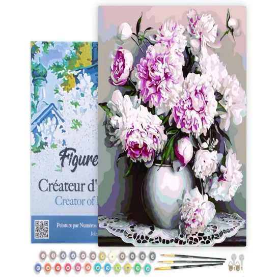 Figured'Art Paint by Numbers for Adults with Frame Vase of Peonies 16"x20" - Craft Art Painting DIY Kit Canvas Already Stretched on a Wooden Frame {1}